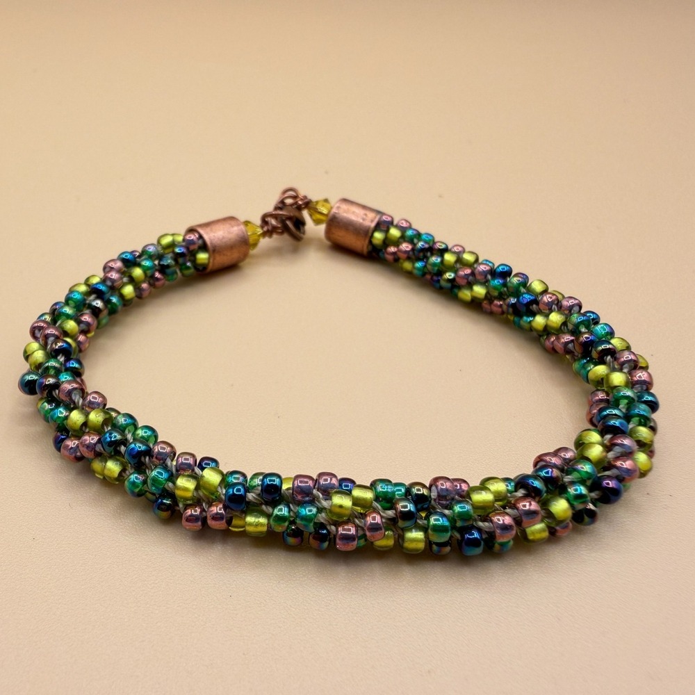 Iridescent Seed Bead Bracelet Copper Tone Boho Artisan Statement Jewelry Gift - Picture 3 of 14